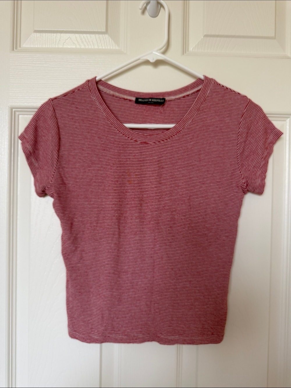 Brandy Melville Red and White Micro-Striped Crop Tee